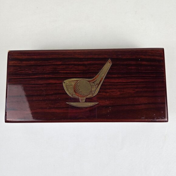 Wooden Lacquered Rectangular Box with Golf Ball & Club Head on Top Removable Lid - Picture 1 of 16